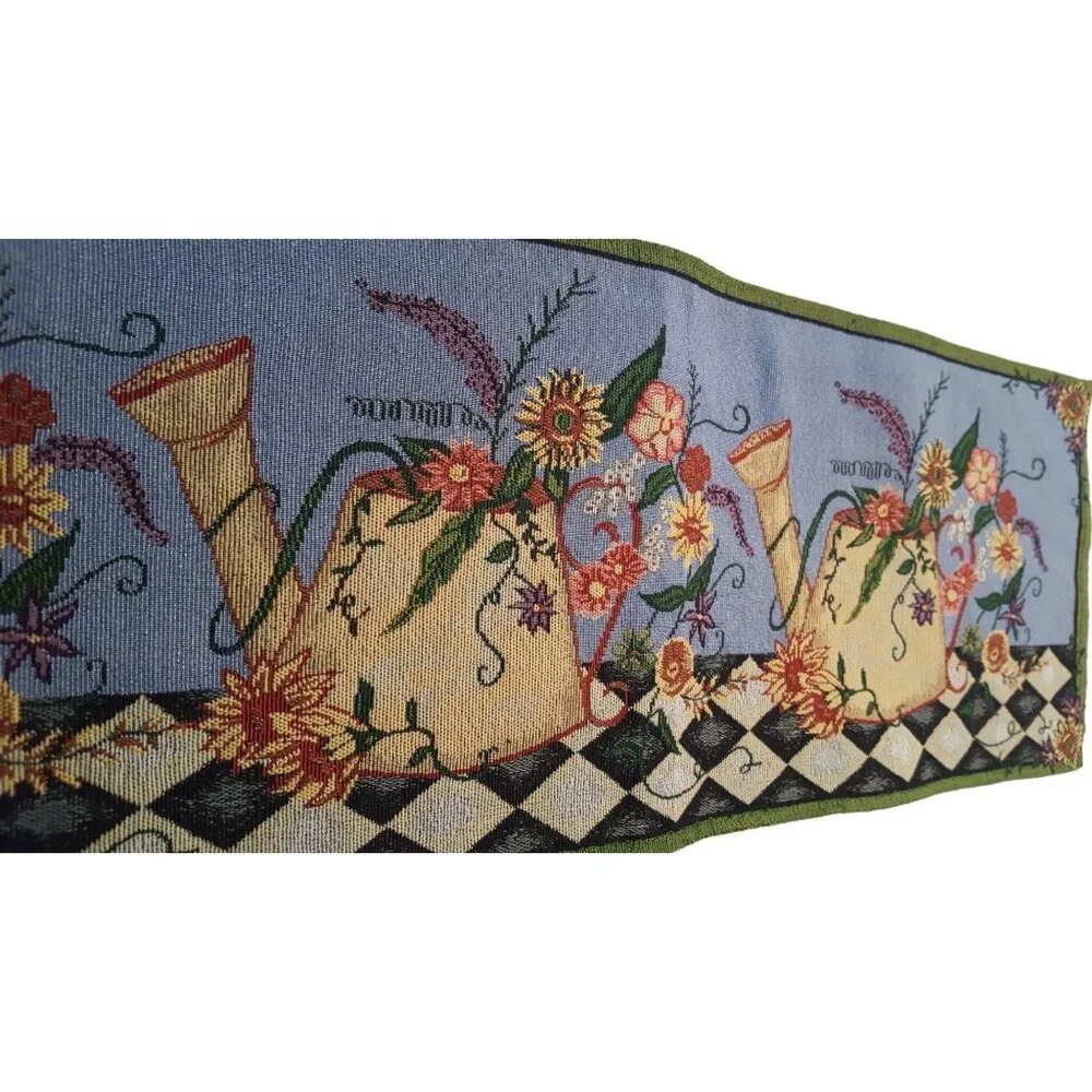 watering can‎ vintage tapestry table runner blue floral 13 x 70
